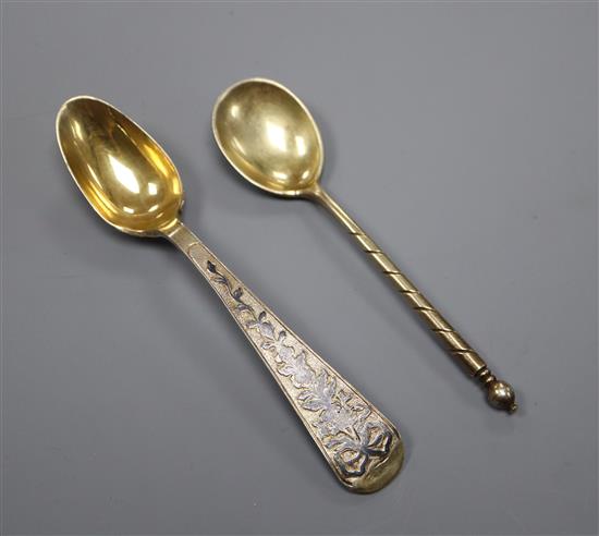 Two 19th century Russian 84 zolotnik gilt white metal and niello spoons, largest 13.7cm.